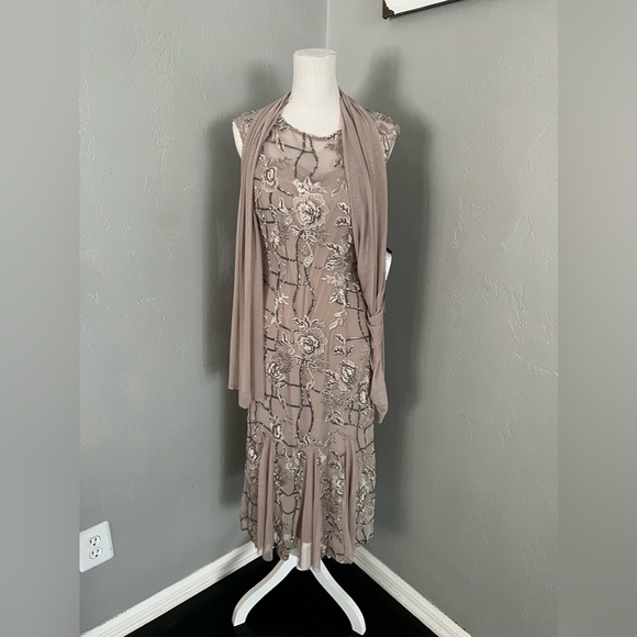 Long Embroidered Fit & Flare Dress with Illusion Neckline and Shawl size 6